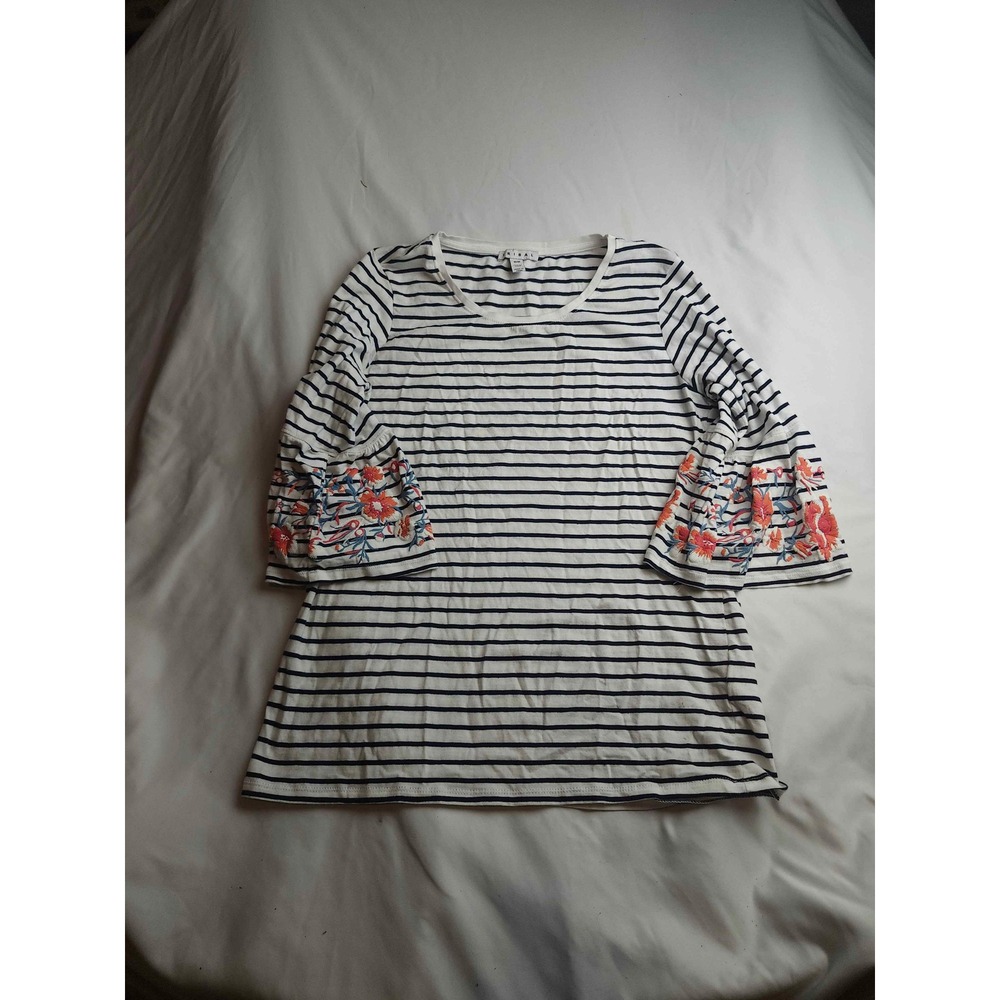 Tribal Navy White Striped Floral Embroidered Bell Sleeve Top Medium